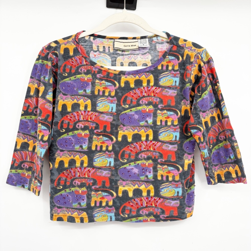 Carrie Allen Womens Vintage Beaded Colorful Abstract Cat Art to Wear Top Size S